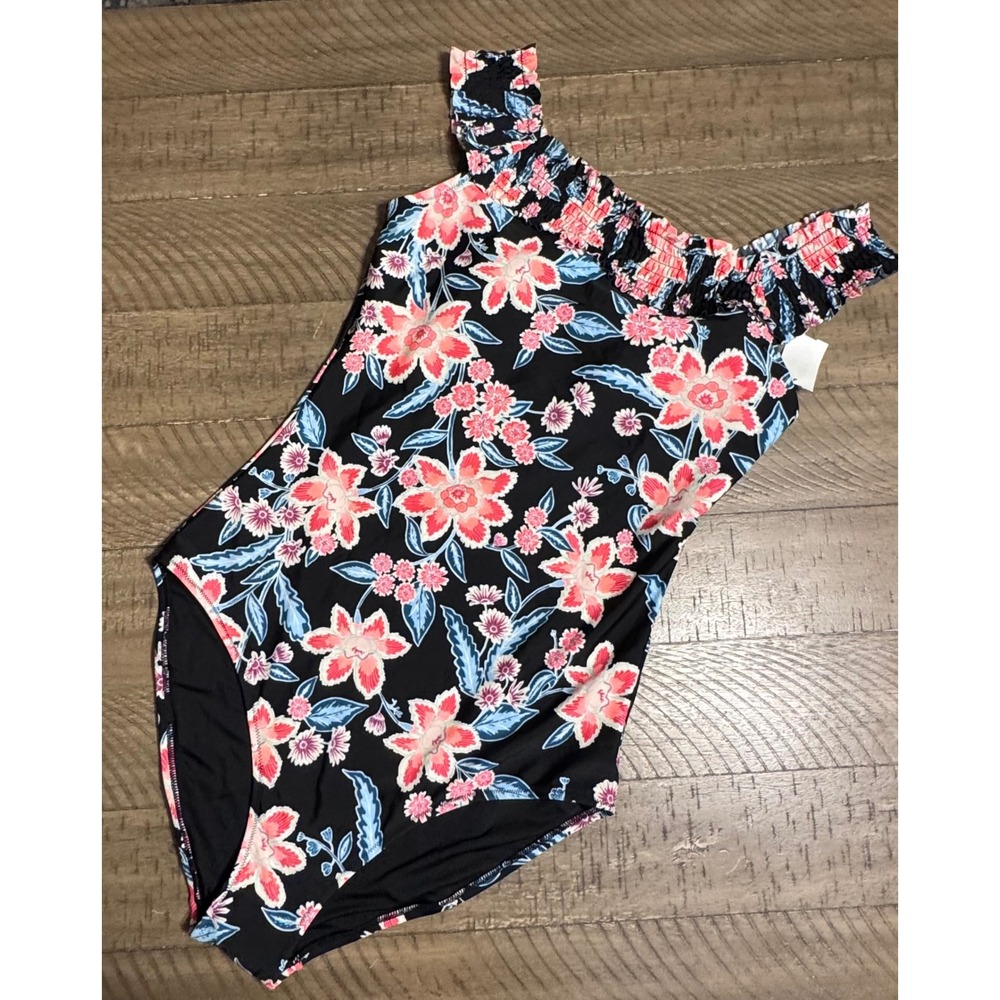 Old Navy Womens One Piece Swimsuit Large Tall Floral Smocked Ruffle Off Shoulder
